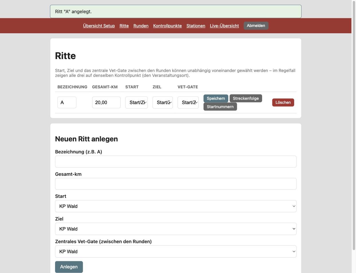 Liste der Ritte mit Buttons Streckenfolge und Startnummern